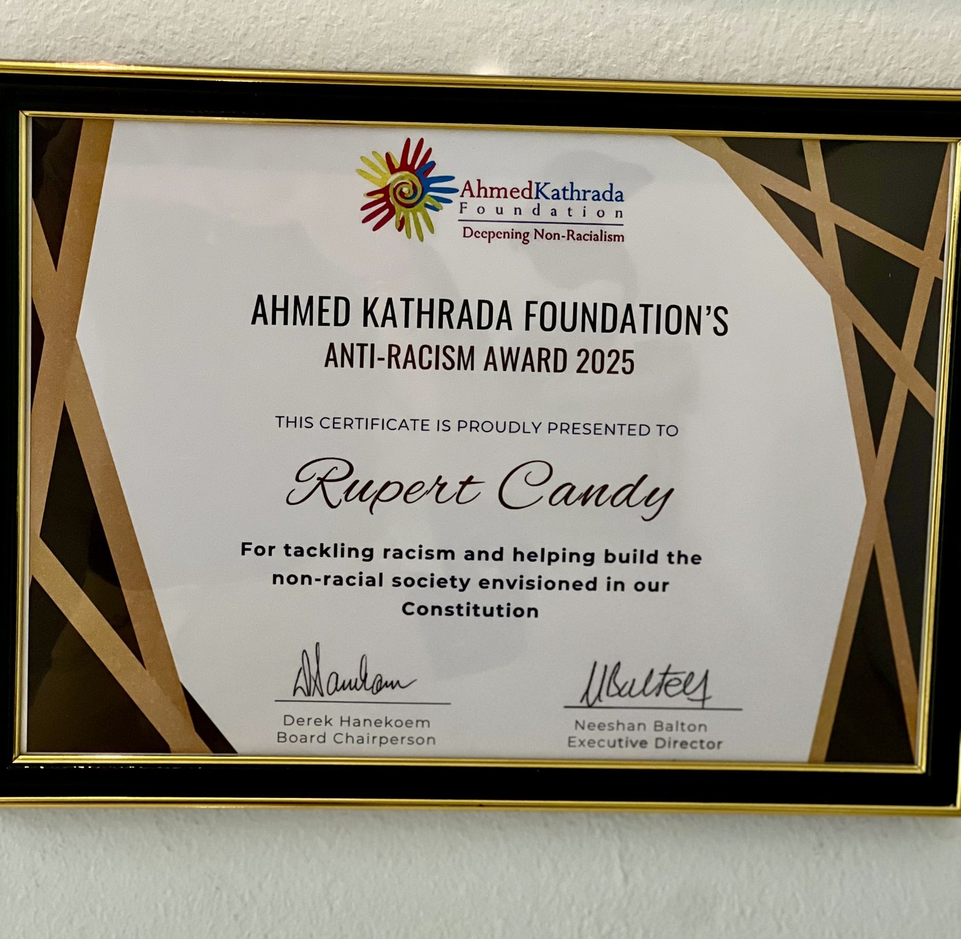 Ahmed Kathrada Foundation Anti-Racism Award 2025 certificate, presented to Rupert Candy