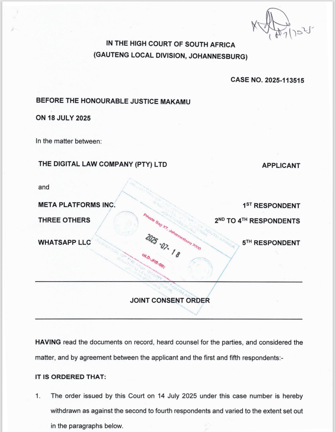 Joint Consent Order cover page, The Digital Law Company v Meta Platforms, stamped by the High Court