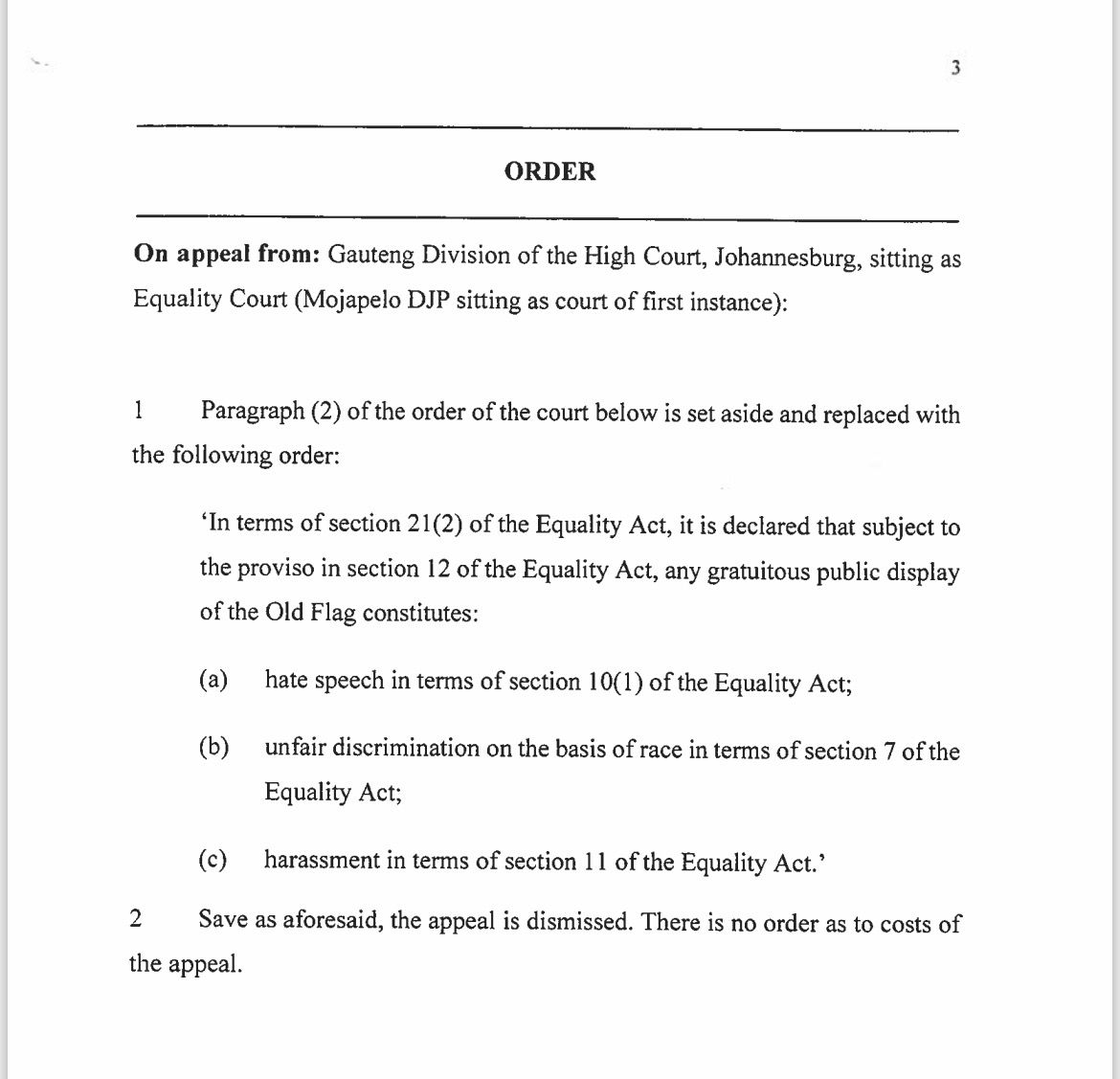Order page of the Supreme Court of Appeal judgment declaring gratuitous display of the old flag hate speech
