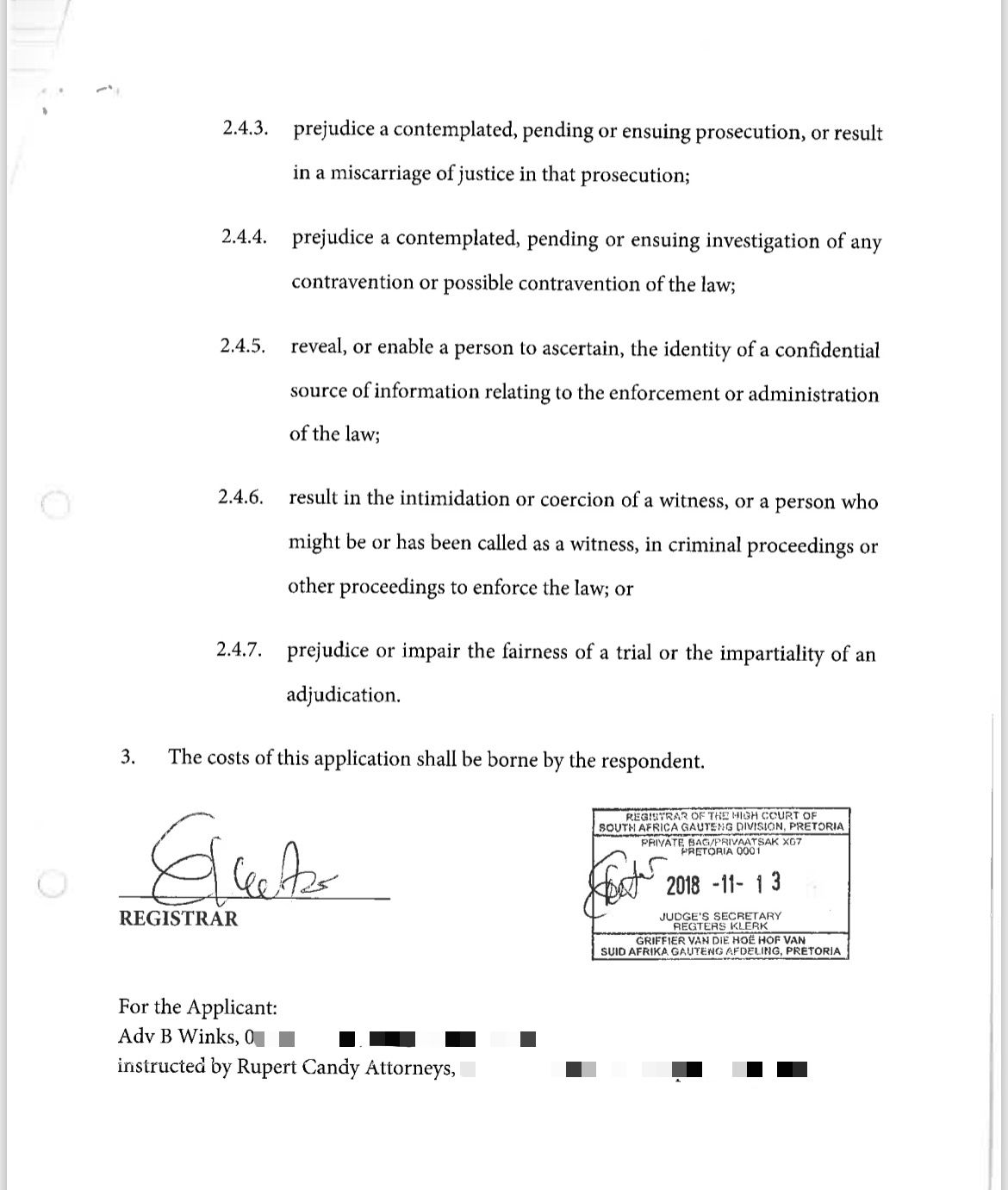 Final page of the Right2Know order with Registrar signature and High Court stamp
